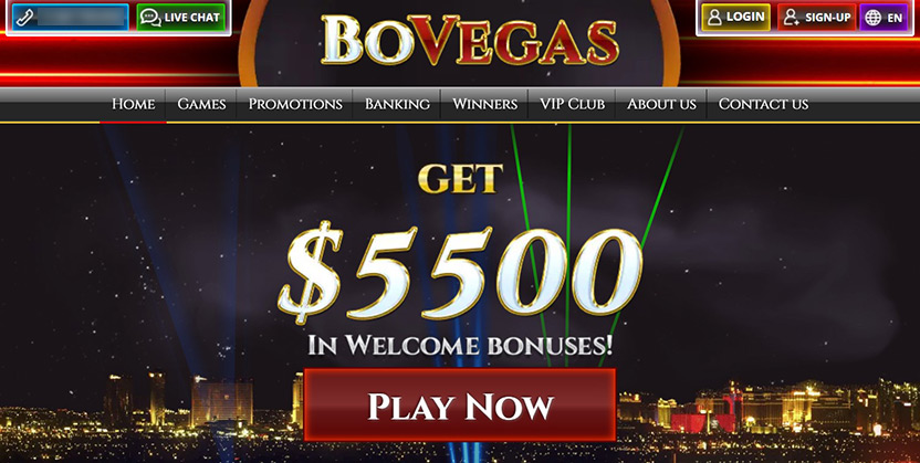 The BoVegas casino homepage