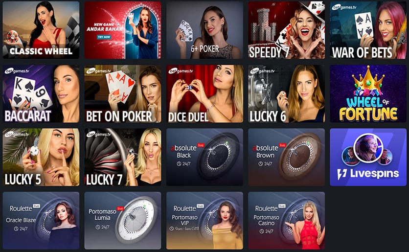 The Live section on the casino website
