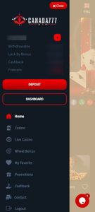 Main sections of the online casino