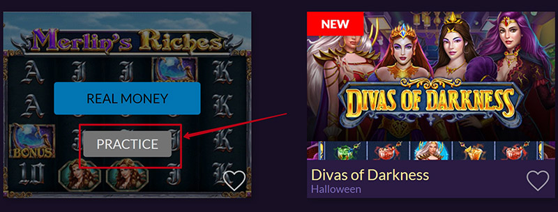 Practice button to launch the free version of the slot