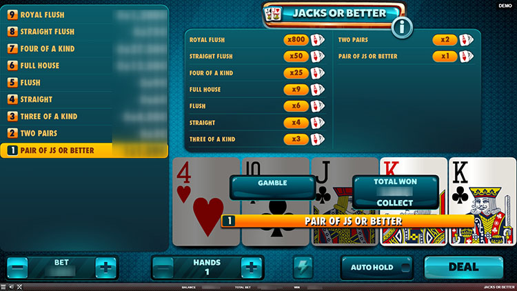 Jacks or Better video poker interface
