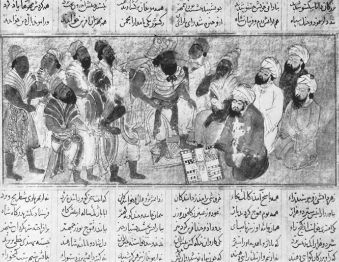 Borzuya shows Indian rajas a game of backgammon