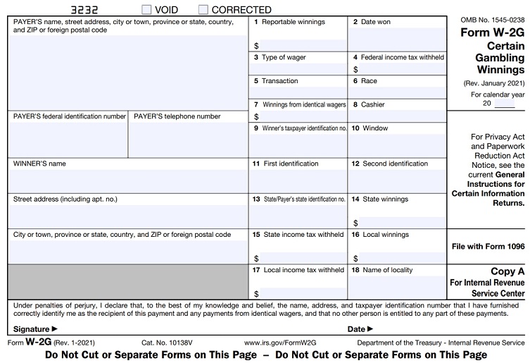 Example of W-2G Tax Form