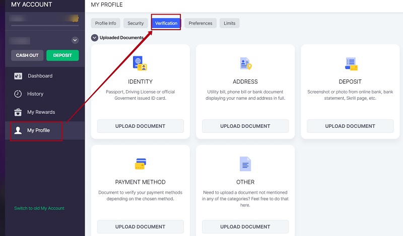 Verification section in your account