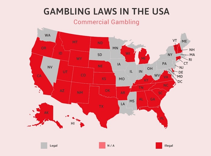Map of states with legalized commercial casinos